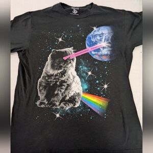 Cat Laser Eyes Rainbow Prism Space Funny  Graphic T-Shirt 100% Cotton Size Large